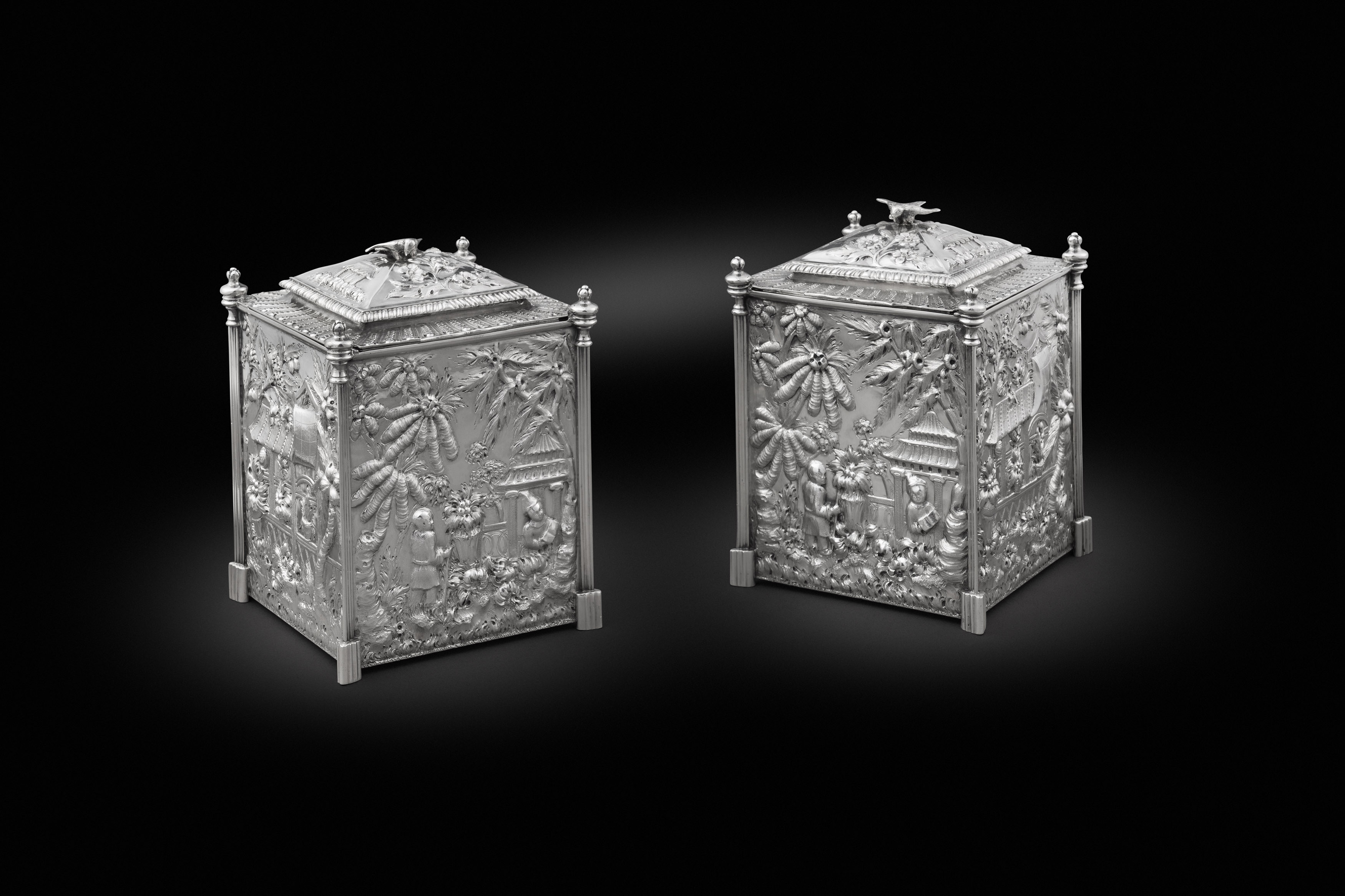 A Pair of Victorian Chinoiserie Tea Caddies in a Georgian Silver-Mounted Case